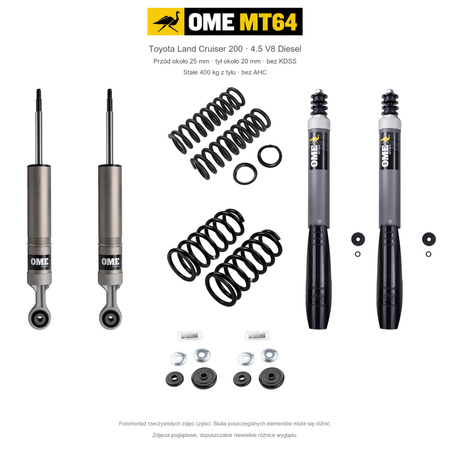Zestaw OME MT64 – Toyota Land Cruiser 200 2007–2021 4.5 Diesel, przód 25/tył 20 mm, bez KDSS, stałe 400 kg z tyłu; przód mocniejsze; tył mocniejsze