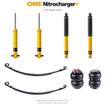 Zestaw zawieszenia OME Nitrocharger+ – Ford Ranger 2022+, lift 0/40 mm, stałe 300 kg z tyłu, resory paraboliczne z poduszkami, mocniejsze tłumienie tyłu