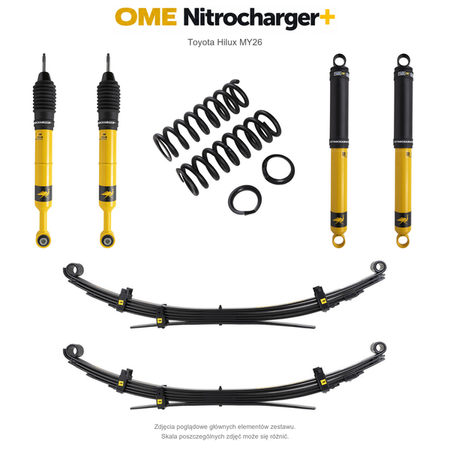 Zawieszenie OME Nitrocharger+ Toyota Hilux Travo MY26 20–40/50 mm – stałe 300 kg z tyłu, wielopiórowe / mocniejsze tłumienie przodu – bez dystansu przewodów hamulcowych