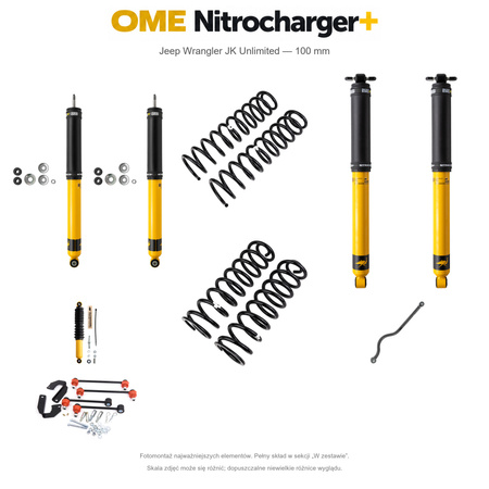 Zestaw zawieszenia OME Nitrocharger+ – Jeep Wrangler JK Unlimited 2.8 Diesel 2006–2008 LHD, 100 mm, stałe 300 kg z tyłu, terenowy
