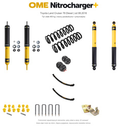 Zestaw zawieszenia OME Nitrocharger+ – Toyota Land Cruiser 76 Diesel od 08.2016, 50 mm, stałe 400 kg tyłu, stalowy zderzak lub zderzak z wyciągarką, resory paraboliczne, fabryczne wieszaki