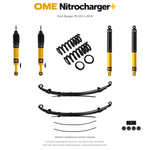 Zestaw zawieszenia OME Nitrocharger+ – Ford Ranger PX 2011–2018, przód 30 mm, tył z dodatkowymi piórami, stałe 300 kg z tyłu, standardowe tłumienie przodu, mocniejsze tłumienie tyłu