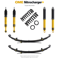 Zawieszenie OME Nitrocharger+ Toyota Hilux Travo MY26 40/50 mm – stałe 300 kg z tyłu, stalowy zderzak, także z wyciągarką, wielopiórowe / mocniejsze tłumienie tyłu – bez dystansu przewodów hamulcowych