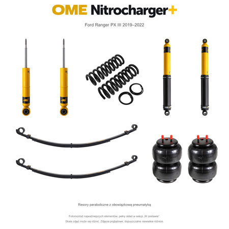 Zestaw zawieszenia OME Nitrocharger+ – Ford Ranger PX III 2019–2022, 30/40 mm, średnie obciążenie tyłu, mocniejsze tłumienie przodu, mocniejsze tłumienie tyłu, resory paraboliczne