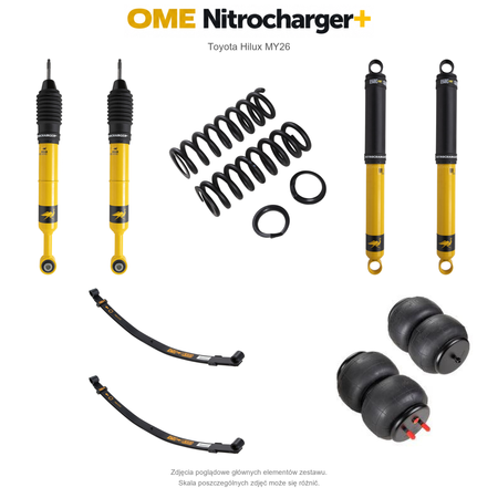 Zawieszenie OME Nitrocharger+ Toyota Hilux Travo MY26 20–40/50 mm – stałe 300 kg z tyłu, paraboliczne + poduszki / mocniejsze tłumienie przodu