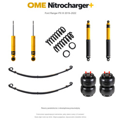 Zestaw zawieszenia OME Nitrocharger+ – Ford Ranger PX III 2019–2022, 45/40 mm, średnie obciążenie tyłu, standardowe tłumienie przodu, mocniejsze tłumienie tyłu, resory paraboliczne