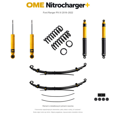 Zestaw zawieszenia OME Nitrocharger+ – Ford Ranger PX III 2019–2022, przód 45 mm, tył z dodatkowymi piórami, stałe 300 kg z tyłu, standardowe tłumienie przodu, standardowe tłumienie tyłu