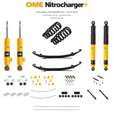 Zestaw OME Nitrocharger+ – Mitsubishi L200 MQ/MR 2015–2023, przód 25/tył 20 mm, zderzak, wyciągarka i dodatkowe akcesoria, stałe 800 kg z tyłu