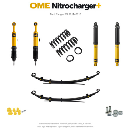 Zestaw zawieszenia OME Nitrocharger+ – Ford Ranger PX 2011–2018, 50/40 mm, średnie obciążenie tyłu, mocniejsze tłumienie przodu, standardowe tłumienie tyłu