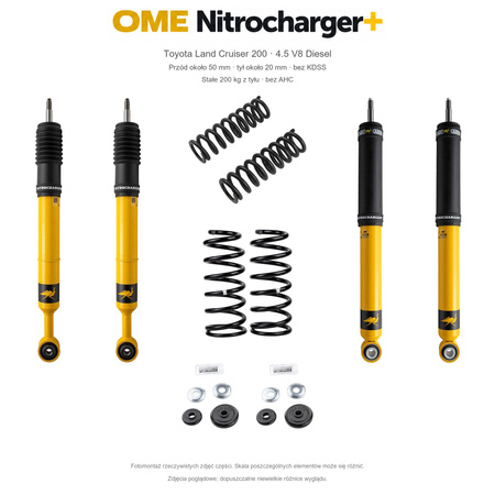Zestaw OME Nitrocharger+ – Toyota Land Cruiser 200 2007–2021 4.5 Diesel, przód 50/tył 20 mm, bez KDSS, stałe 200 kg z tyłu; przód standardowe