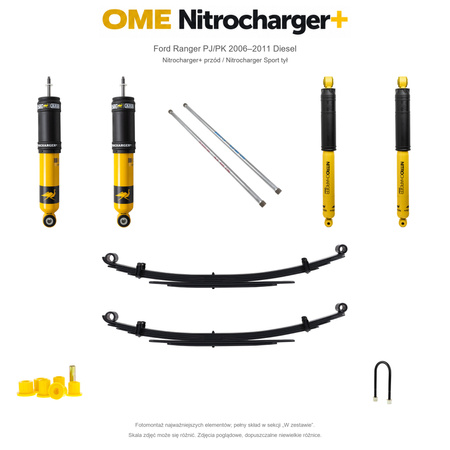 Zestaw zawieszenia OME Nitrocharger+ przód / Sport tył – Ford Ranger PJ/PK 2006–2011 Diesel, tył 20 mm, przód ponad 60 kg, drążki 925 mm, tylko 2.5 TD, stałe 400 kg z tyłu, Nitrocharger Sport z tyłu