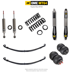 Zawieszenie OME MT64 Toyota Hilux Travo MY26 40/50 mm – stałe 300 kg z tyłu, przód bez osprzętu lub ze zderzakiem, paraboliczne + poduszki / mocniejsze tłumienie przodu – bez dystansu przewodów hamulcowych