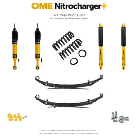 Zestaw zawieszenia OME Nitrocharger+ przód / Sport tył – Ford Ranger PX 2011–2018, 50/40 mm, stałe 600 kg z tyłu, standardowe tłumienie przodu, charakterystyka Sport z tyłu