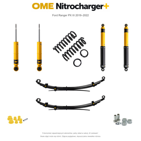 Zestaw zawieszenia OME Nitrocharger+ – Ford Ranger PX III 2019–2022, 45/40 mm, stałe 300 kg z tyłu, mocniejsze tłumienie przodu, standardowe tłumienie tyłu