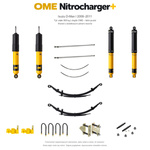 Zestaw zawieszenia OME Nitrocharger+ – Isuzu D-Max I 2008–2011, 30–50 mm, stałe 300 kg z tyłu, lekki przód z drążkami OME, smarowalne wieszaki i sworznie, dodatkowe pióra