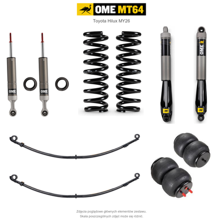 Zawieszenie OME MT64 Toyota Hilux Travo MY26 40/50 mm – średnie obciążenie tyłu, zderzak, wyciągarka i dodatkowy osprzęt, paraboliczne + poduszki / mocniejsze tłumienie przodu