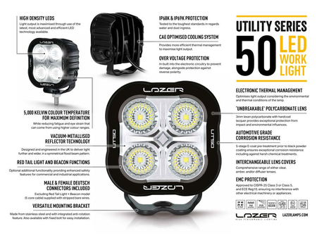 Lampa robocza LED Lazer Lamps Utility-50 Beacon, z czerwonym światłem tylnym