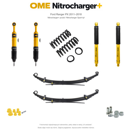 Zestaw zawieszenia OME Nitrocharger+ przód / Sport tył – Ford Ranger PX 2011–2018, 50/40 mm, stałe 600 kg z tyłu, mocniejsze tłumienie przodu, charakterystyka Sport z tyłu