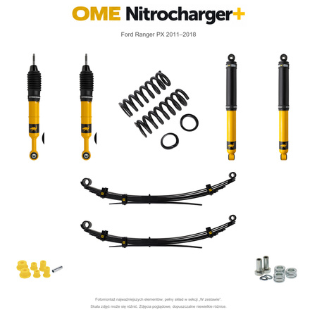 Zestaw zawieszenia OME Nitrocharger+ – Ford Ranger PX 2011–2018, 50/40 mm, stałe 300 kg z tyłu, standardowe tłumienie przodu, mocniejsze tłumienie tyłu