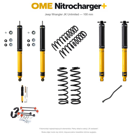Zestaw zawieszenia OME Nitrocharger+ – Jeep Wrangler JK Unlimited 2.8 Diesel 2006–2017 RHD, 100 mm, średnie obciążenie tyłu, dłuższe amortyzatory przodu, terenowy