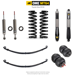 Zawieszenie OME MT64 Toyota Hilux Travo MY26 40/50 mm – stałe 600 kg z tyłu, zderzak, wyciągarka i dodatkowy osprzęt, paraboliczne + poduszki / mocniejsze tłumienie przodu