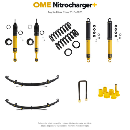 Zestaw zawieszenia OME Nitrocharger+ – Hilux Revo 2016–2025, 20–40/40 mm, różne obciążenia przodu, stałe 300 kg z tyłu, wielopiórowe, mocniejsze tłumienie tyłu