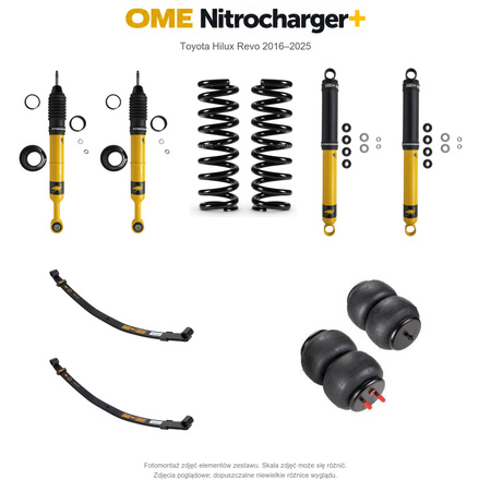 Zestaw zawieszenia OME Nitrocharger+ – Hilux Revo 2016–2025, 40/40 mm, duże dodatkowe obciążenie przodu, stałe 300 kg z tyłu, paraboliczne + poduszki