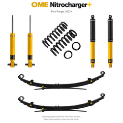 Zestaw zawieszenia OME Nitrocharger+ – Ford Ranger 2022+, lift 40 mm, stałe 300 kg z tyłu, resory wielopiórowe, alternatywne amortyzatory przednie, mocniejsze tłumienie tyłu