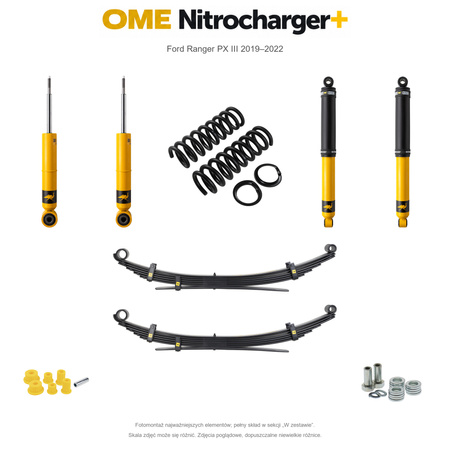 Zestaw zawieszenia OME Nitrocharger+ – Ford Ranger PX III 2019–2022, 30/40 mm, stałe 600 kg z tyłu, standardowe tłumienie przodu, standardowe tłumienie tyłu