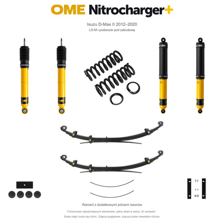 Zestaw zawieszenia OME Nitrocharger+ – Isuzu D-Max II 2012–2020, 30 mm, stałe 300 kg z tyłu, mocniejsze tłumienie przodu, standardowe tłumienie tyłu, LS-M i podwozie pod zabudowę, dodatkowe pióra