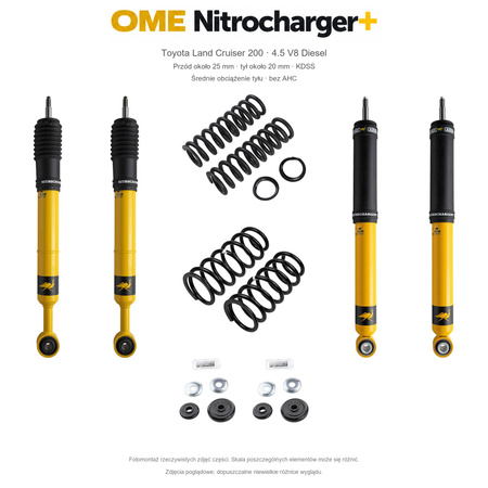 Zestaw OME Nitrocharger+ – Toyota Land Cruiser 200 2007–2021 4.5 Diesel, przód 25/tył 20 mm, KDSS, średnie obciążenie tyłu; przód mocniejsze