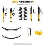 Zestaw zawieszenia OME Nitrocharger+ – Hilux Revo 2016–2025, 40/40 mm, duże dodatkowe obciążenie przodu, stałe 300 kg z tyłu, wielopiórowe, mocniejsze tłumienie przodu, mocniejsze tłumienie tyłu – bez dystansu przewodów hamulcowych