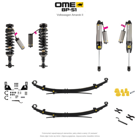 Zestaw zawieszenia OME BP-51 – Volkswagen Amarok II, 20–40/40 mm, stałe 300 kg z tyłu, resory wielopiórowe, regulacja tłumienia, czujnik świateł