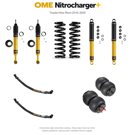 Zestaw zawieszenia OME Nitrocharger+ – Hilux Revo 2016–2025, 40/40 mm, duże dodatkowe obciążenie przodu, stałe 300 kg z tyłu, paraboliczne + poduszki, mocniejsze tłumienie tyłu