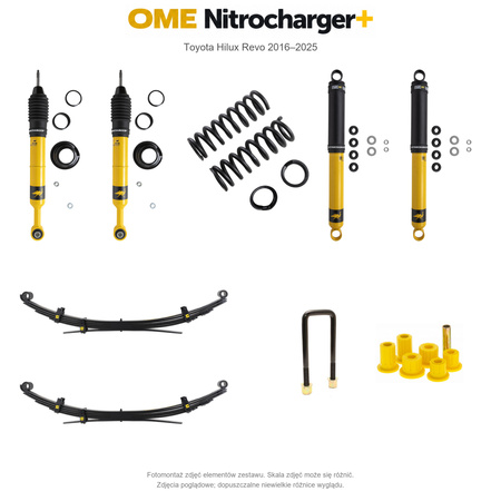 Zestaw zawieszenia OME Nitrocharger+ – Hilux Revo 2016–2025, 20/40 mm, lekki przód, stałe 300 kg z tyłu, wielopiórowe, mocniejsze tłumienie przodu – bez dystansu przewodów hamulcowych