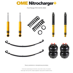 Zestaw zawieszenia OME Nitrocharger+ – Ford Ranger PX III 2019–2022, 45/40 mm, średnie obciążenie tyłu, standardowe tłumienie przodu, standardowe tłumienie tyłu, resory paraboliczne