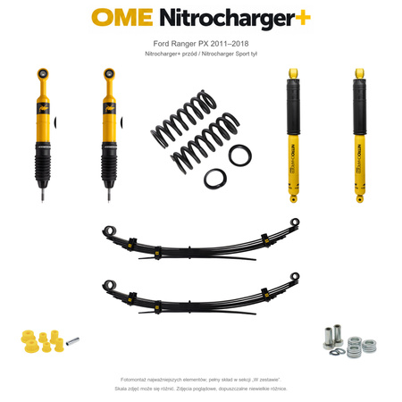Zestaw zawieszenia OME Nitrocharger+ przód / Sport tył – Ford Ranger PX 2011–2018, 50/40 mm, stałe 300 kg z tyłu, mocniejsze tłumienie przodu, charakterystyka Sport z tyłu