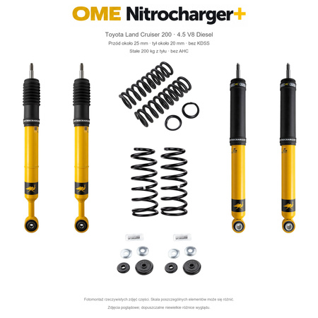 Zestaw OME Nitrocharger+ – Toyota Land Cruiser 200 2007–2021 4.5 Diesel, przód 25/tył 20 mm, bez KDSS, stałe 200 kg z tyłu; przód standardowe