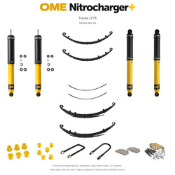 Zestaw zawieszenia OME Nitrocharger+ – Toyota Land Cruiser 75, diesel, zderzak lub zderzak z wyciągarką, stałe 400 kg tyłu, fabryczne wieszaki przodu, smarowalny tył, osadzenie 50 mm, dodatkowe pióra tyłu