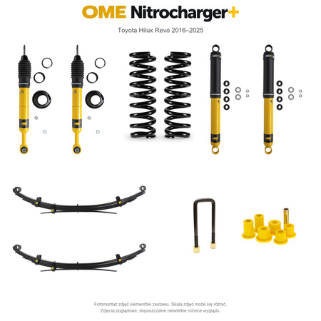 Zestaw zawieszenia OME Nitrocharger+ – Hilux Revo 2016–2025, 40/40 mm, duże dodatkowe obciążenie przodu, stałe 300 kg z tyłu, wielopiórowe, mocniejsze tłumienie przodu – bez dystansu przewodów hamulcowych