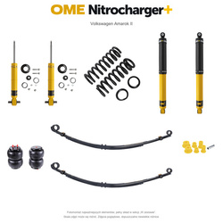 Zestaw zawieszenia OME Nitrocharger+ – Volkswagen Amarok II, 40/40 mm, stałe 300 kg z tyłu, resory paraboliczne z poduszkami, standardowe tłumienie przodu, mocniejsze tłumienie tyłu, czujnik świateł