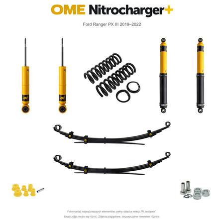 Zestaw zawieszenia OME Nitrocharger+ – Ford Ranger PX III 2019–2022, 30/40 mm, średnie obciążenie tyłu, mocniejsze tłumienie przodu, mocniejsze tłumienie tyłu