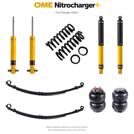 Zestaw zawieszenia OME Nitrocharger+ – Ford Ranger 2022+, lift 20/40 mm, stałe 600 kg z tyłu, resory paraboliczne z poduszkami