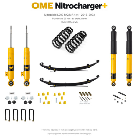 Zestaw OME Nitrocharger+ – Mitsubishi L200 MQ/MR 2015–2023, przód 25/tył 20 mm, stalowy zderzak z wyciągarką, stałe 600 kg z tyłu