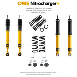 Zestaw OME Nitrocharger+ – Toyota Land Cruiser 200 2007–2021 4.5 Diesel, przód 25/tył 20 mm, bez KDSS, stałe 200 kg z tyłu; przód standardowe
