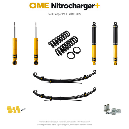 Zestaw zawieszenia OME Nitrocharger+ – Ford Ranger PX III 2019–2022, 30/40 mm, stałe 300 kg z tyłu, mocniejsze tłumienie przodu, mocniejsze tłumienie tyłu