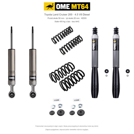 Zestaw OME MT64 – Toyota Land Cruiser 200 2007–2021 4.5 Diesel, przód 50/tył 20 mm, KDSS, stałe 400 kg z tyłu; przód mocniejsze; tył mocniejsze