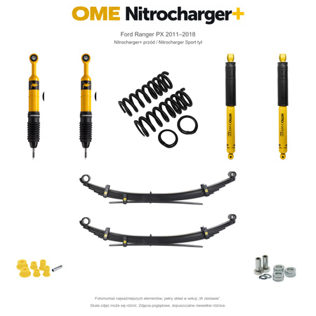 Zestaw zawieszenia OME Nitrocharger+ przód / Sport tył – Ford Ranger PX 2011–2018, 30/40 mm, stałe 600 kg z tyłu, mocniejsze tłumienie przodu, charakterystyka Sport z tyłu