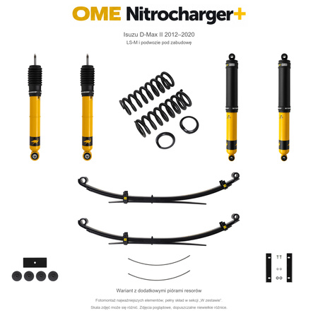 Zestaw zawieszenia OME Nitrocharger+ – Isuzu D-Max II 2012–2020, 30 mm, średnie obciążenie tyłu, standardowe tłumienie przodu, standardowe tłumienie tyłu, LS-M i podwozie pod zabudowę, dodatkowe pióra