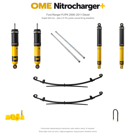 Zestaw zawieszenia OME Nitrocharger+ – Ford Ranger PJ/PK 2006–2011 Diesel, tył 20 mm, przód ponad 60 kg, drążki 925 mm, tylko 2.5 TD, średnie obciążenie tyłu, standardowe tłumienie tyłu